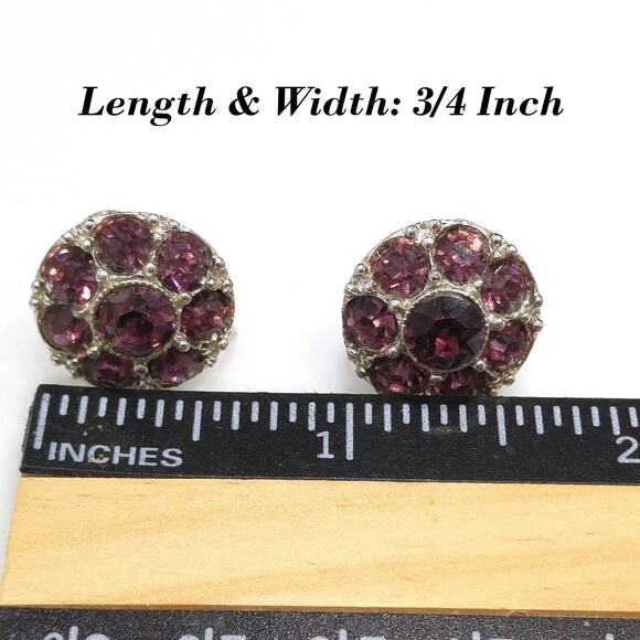 Bogoff Purple Rhinestone Screw Back Earrings, Rhodium Plated, 1940s Vintage - Picture 8 of 10